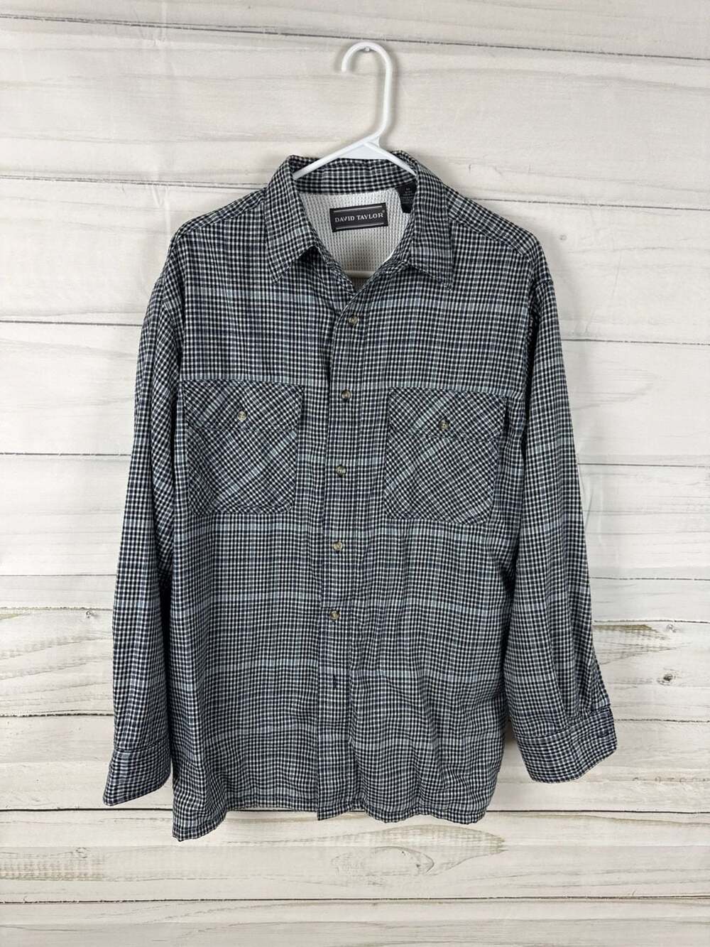 David Taylor Men's Long Sleeve Micro Plaid HoundstoothShirt thermal lining￼
